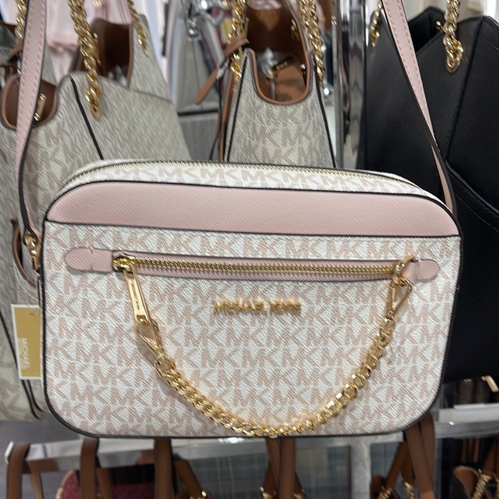 Michael Kors Jet Set Item Large East West Zip Chain Crossbody Optic White/Rsgld